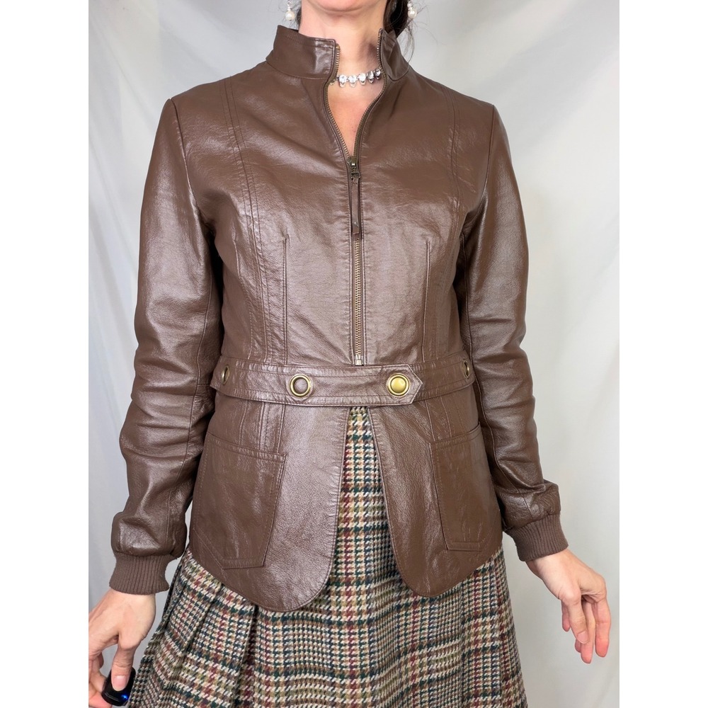 Newport News Leather Moto Jacket Brown Zip Front Vintage Y2K Convertible S - Picture 15 of 17